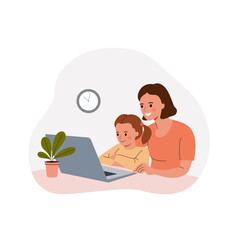 Mother and child look at a laptop. Mother helping daughter study online. Vector cartoon flat style illustration