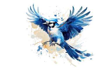 Image of beautiful watercolor painting of blue jay bird flying. Birds, Wildlife Animals, Illustration, Generative AI.