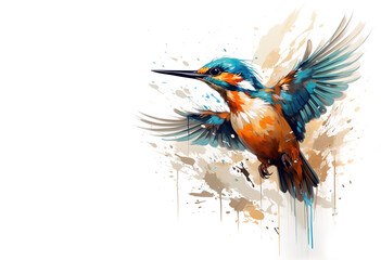 Image of beautiful watercolor painting of common kingfisher flying. Bird, Wildlife Animals, Illustration, Generative AI.
