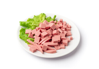 Diced Mortadella Slice Isolated, Luncheon Meat Cut, Chicken Ham Cubes, Boiled Sausage for Breakfast