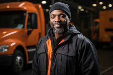 Fototapeta na wymiar Black Man Industrial Truck Operator Employee Job Work Environment Backdrop Generative AI