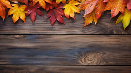 Naklejka na ściany i meble 木製の背景と紅葉の葉の飾り