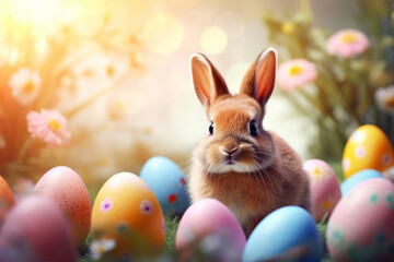 easter background with a cute little red rabbit and colorful eggs
