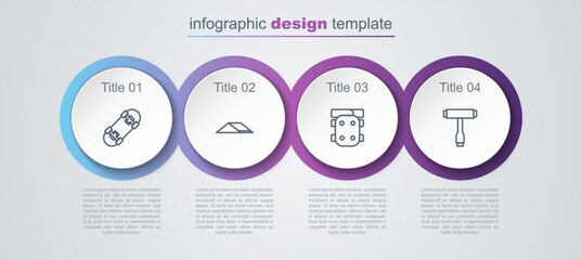 Set line Skateboard, park, Knee pads and T tool. Business infographic template. Vector