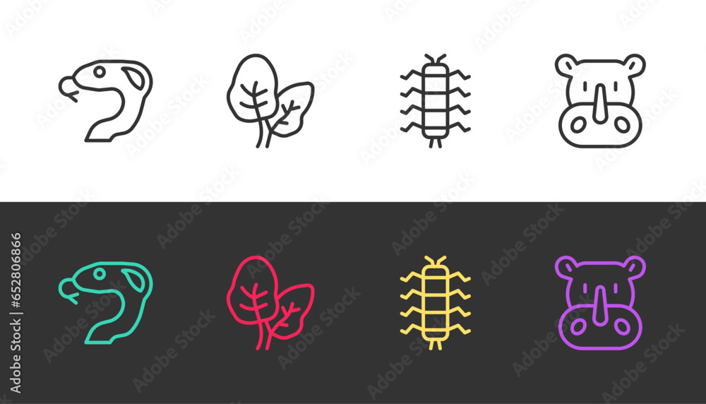 Sticker set line snake, tropical leaves, centipede insect and rhinoceros on black and white. vector