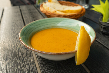 Red Lentil Soup, Yellow Cream Puree, Ramadan Food, Pumpkin Vegetarian Dish, Orange Lentil Soup in Bowl