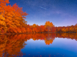 紅葉の湖に流れ星