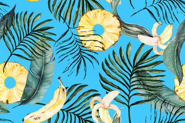 Seamless pattern palm, banana and pineapple drawing watercolor.Botanical tropical for design fabric patterns and wallpapers.Aloha fruit background botanical for summer.Natural style.
