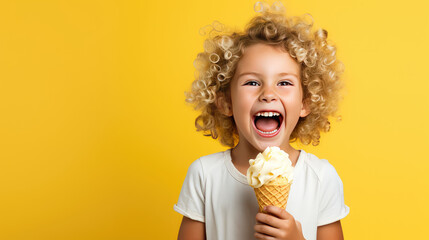 Cheerful happy child girl hold sweet ice cream in hands, eat ice-cream on flat yellow background with copy space.