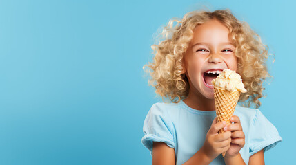Cheerful happy child girl hold sweet ice cream in hands, eat ice-cream on flat blue background with copy space. 