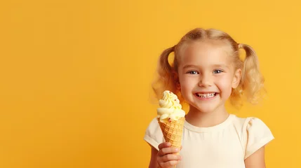 Fotobehang Cheerful happy child girl hold sweet ice cream in hands, eat ice-cream on flat yellow background with copy space.  © IndigoElf