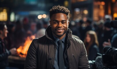 Obraz premium Black Man Journalist Employee Job Expertise Workplace Background Generative AI
