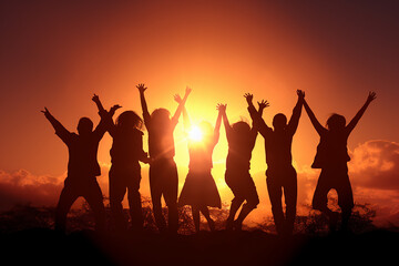 Fototapeta premium A Successful large gathering of individuals celebrating their triumph raising their arms on a mountaintop, with backdrop of the sun setting over lake and mountains. Generative AI.