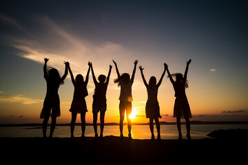 Fototapeta premium A Successful large gathering of individuals celebrating their triumph raising their arms on a mountaintop, with backdrop of the sun setting over lake and mountains. Generative AI.
