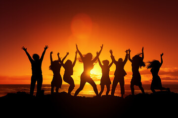 Fototapeta premium A Successful large gathering of individuals celebrating their triumph raising their arms on a mountaintop, with backdrop of the sun setting over lake and mountains. Generative AI.