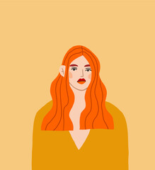 Beautiful red head woman portrait on yellow background. Sad young woman. . Vector illustration