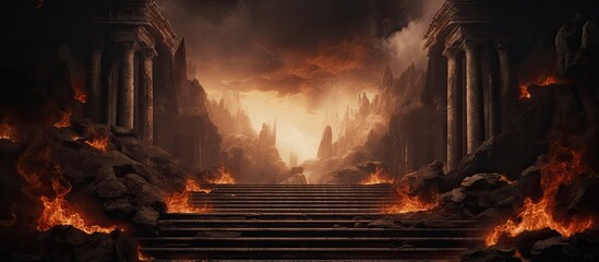 Fantasy backdrop of eternal fire and ancient columns with fiery font in a dark atmospheric landscape