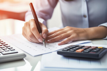 Close up hands of accountant woman working on desk using calculator to financial report in office business accounting finance concept.