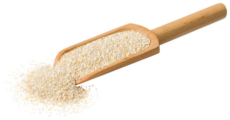 Fototapeta na wymiar Raw oat bran in the wooden scoop, isolated on white background.