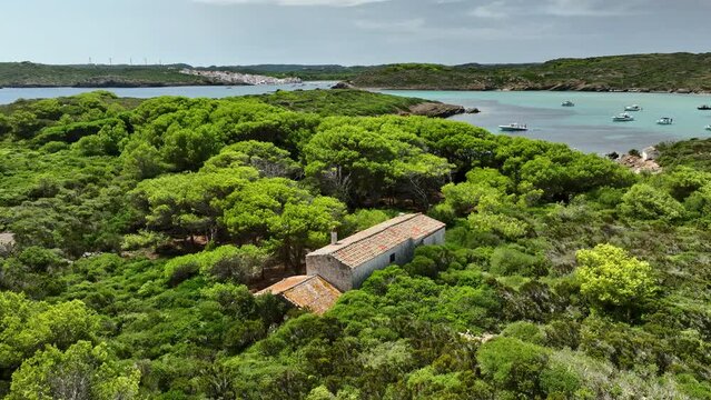 Aerial majesty of Es Grau's coastal enclave and lush surroundings.
