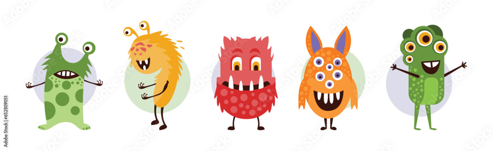 Poster funky monster character with happy face vector set