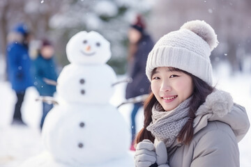 Young asian chinese woman building snowman at the park in winter