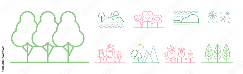 Poster linear landscape element and environment icon vector set