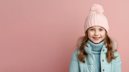 Happy brunette girl wearing winter cloth isolated on pastel background