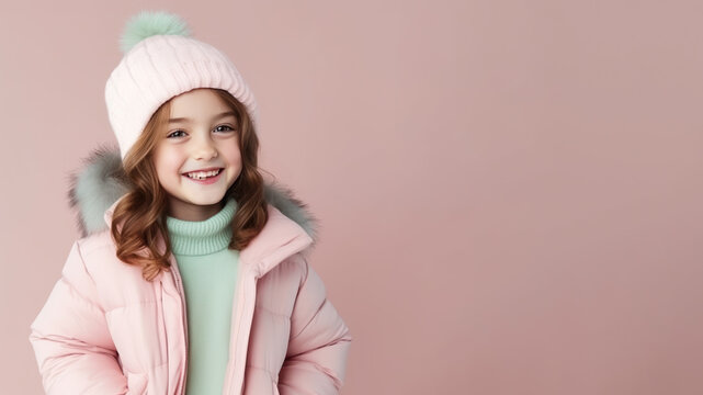Happy brunette girl wearing winter cloth isolated on pastel background
