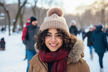 Fototapeta na wymiar Latin girl doing outdoors activity at snowy park in winter