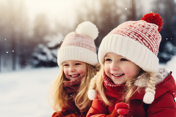 Two girls doing outdoors activity at snowy park in winter