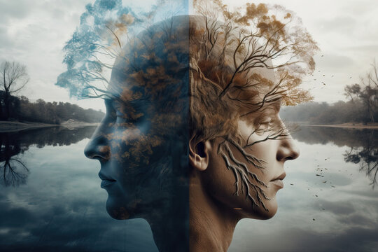 Double exposure photo of double faced female head with tree growing from it