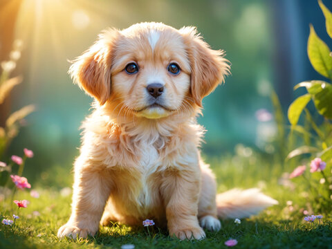 golden retriever sitting on the grass in the sunrise, chrysanthemums, blurred background,