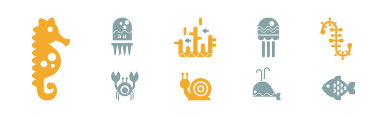 Sea and Marine Fauna Flat Icon and Pictogram Vector Set