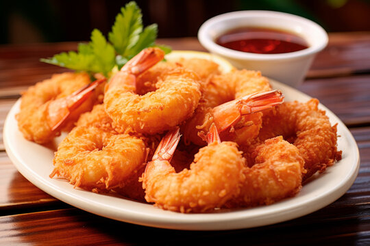 fried coconut shrimp on wooden table. Close up