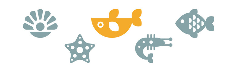 Sea and Marine Fauna Flat Icon and Pictogram Vector Set