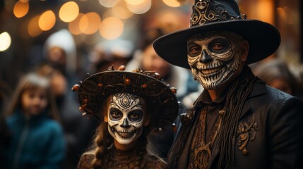 A street scene of a man and a girl wearing vibrant face paint and colorful clothing, masks and masques evoking an adventurous spirit and whimsical creativity
