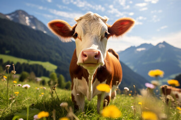 Cute cow eating grass in the alps with a beautiful bokeh