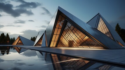 Contemporary triangle shape design modern Architecture building exterior with glass, concrete and steel element. Noon scene