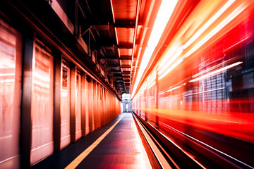High speed train in motion on a subway platform. Modern metro with motion blur effect on the railway platform. Transportation concept