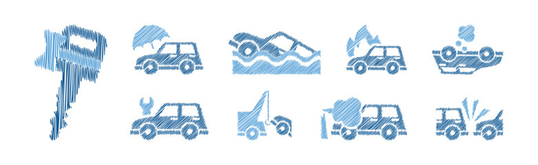 Car Insurance Icon with Blue Pen Drawn Auto Element Vector Set