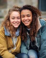 Two European students sitting together and smiling 