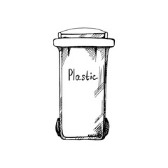 Hand-drawn black sketch of trash container for plastic. Segregate waste, sorting garbage, waste management. Retro ector outline illustration. Doodle.