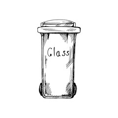 Hand-drawn black sketch of trash container for glass. Segregate waste, sorting garbage, waste management. Retro ector outline illustration. Doodle.