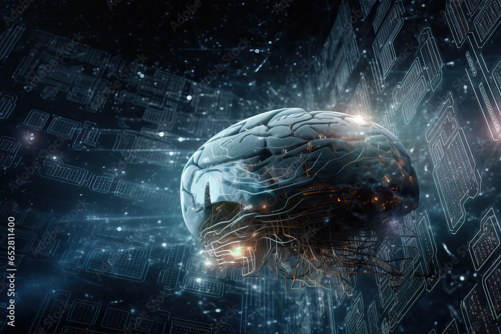 Poster futuristic looking brain with glowing data and computer components around
