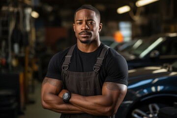 Obraz premium Black Male Mechanic Employee Job Workplace Background Generative AI