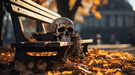 On a crisp autumn day, a lone lego skull sits atop a bench, surrounded by fallen leaves that lay on the ground, creating an eerie yet peaceful scene