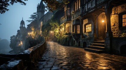 Fototapeta premium The illuminated stone path stretches through a vibrant urban landscape, inviting travelers to explore the enchanting night and all its mysterious beauty