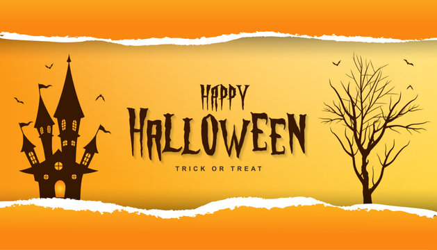 Happy halloween banner torn paper effect background illustration with halloween text and haunted house for halloween celebration