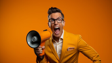 A man in a yellow suit. Shouting into a megaphone. Angry man. Frustrated. Orange background. Striking colours.